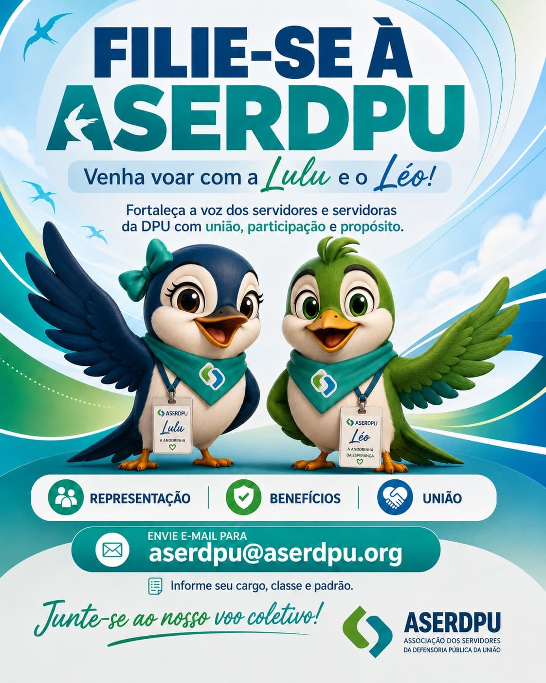 Filie-se à ASERDPU — venha voar com a Lulu e o Léo. Representação, benefícios e união. Envie e-mail para aserdpu@aserdpu.org.